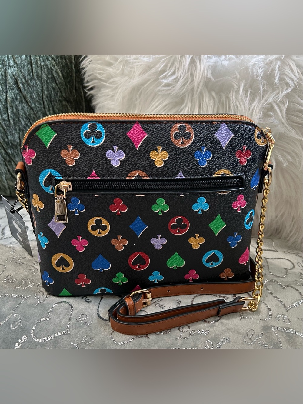 NWT Multicolor Playing Card Suits Deco Bee Accent Crossbody Bag & Wallet Set - Picture 3 of 13